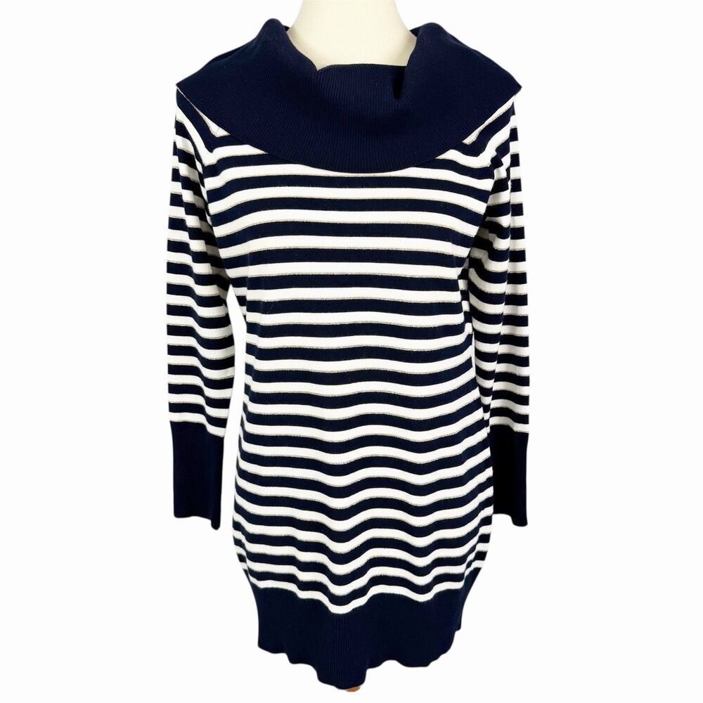 Cache Cowl Neck Sweater Navy Blue Metallic Gold Striped Pullover Women’s Large